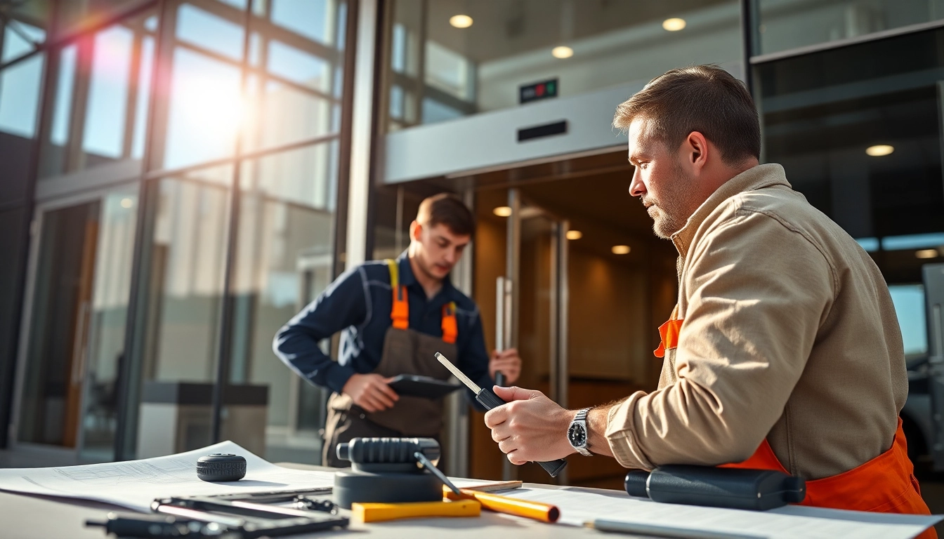 Installing Evolution Entrance Systems with precision in a modern building environment.