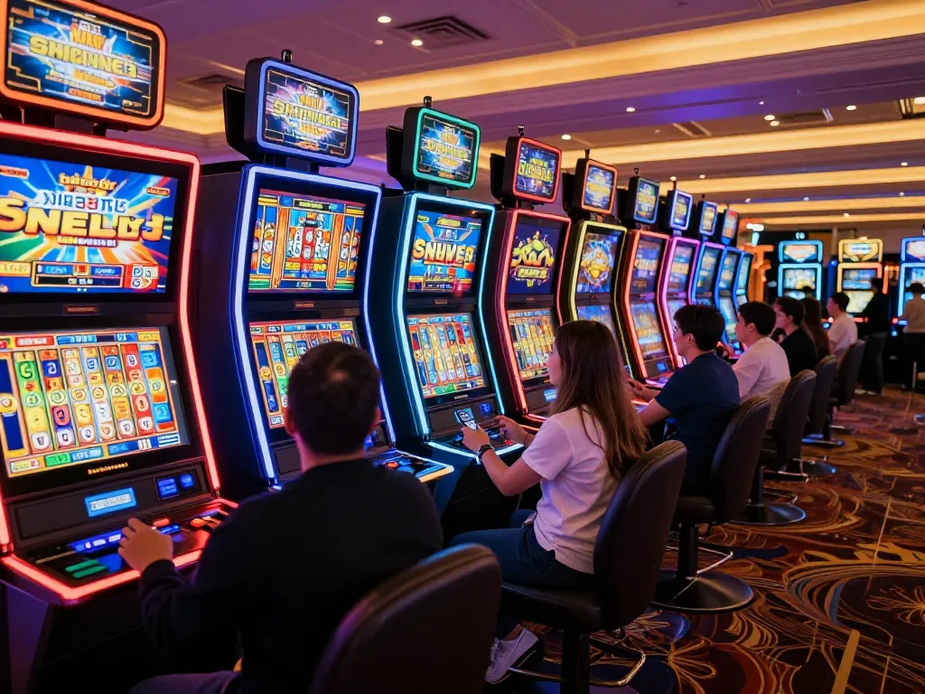 Players enjoying vibrant slot machines at a situs slot casino, with exciting reels spinning and colorful lights.