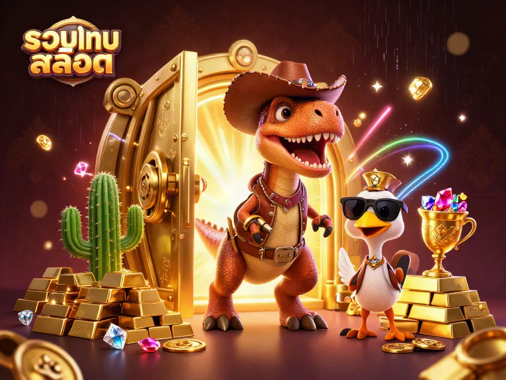 Engage with รวมเกมสล็อต as you see vibrant 3D cartoon scenes of dynamic dinosaur characters amidst a gold treasure backdrop.