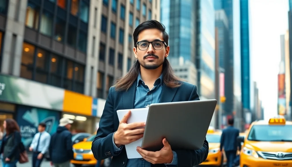 Job seeker exploring free job post new york options amid a vibrant NYC backdrop.