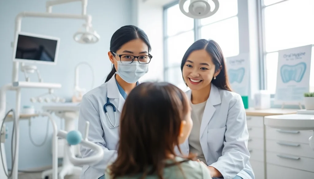 Engaged dentist discussing oral health with a young patient in a modern clinic.