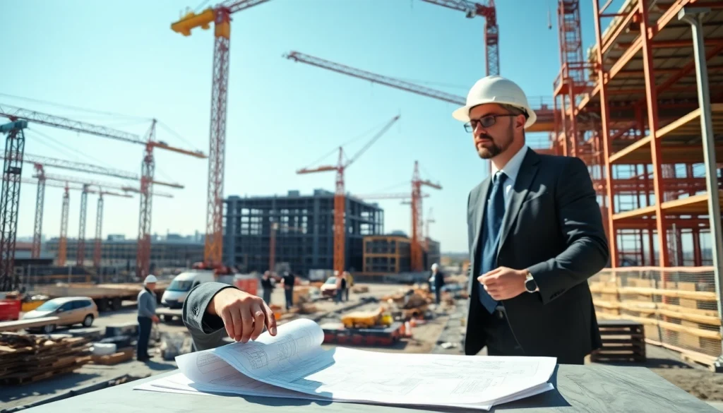 New York Commercial General Contractor supervising a bustling construction site with cranes and active workers.