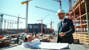 New York Commercial General Contractor supervising a bustling construction site with cranes and active workers.