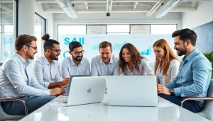 Team brainstorming effective smm services in a modern office environment.