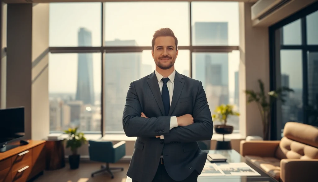 Showcase real estate professional advising clients in a bright, modern office