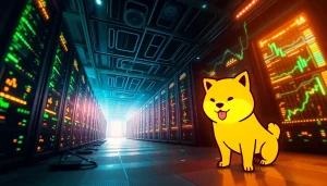 Visual representation of dogecoin cloud mining in a futuristic digital landscape.