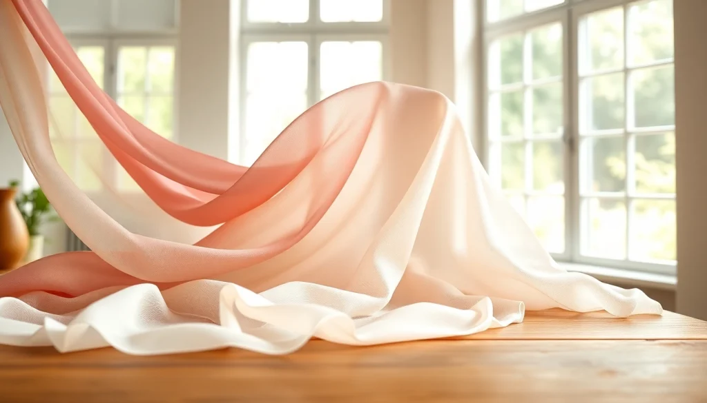 Mousseline stof met elegante draperingen in een luchtige studio, warm licht en zachte kleuren.