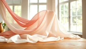 Mousseline stof met elegante draperingen in een luchtige studio, warm licht en zachte kleuren.