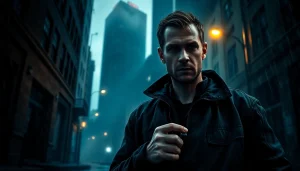 Detective inspired by Similar to Jack Reacher series, standing in a moody urban setting.