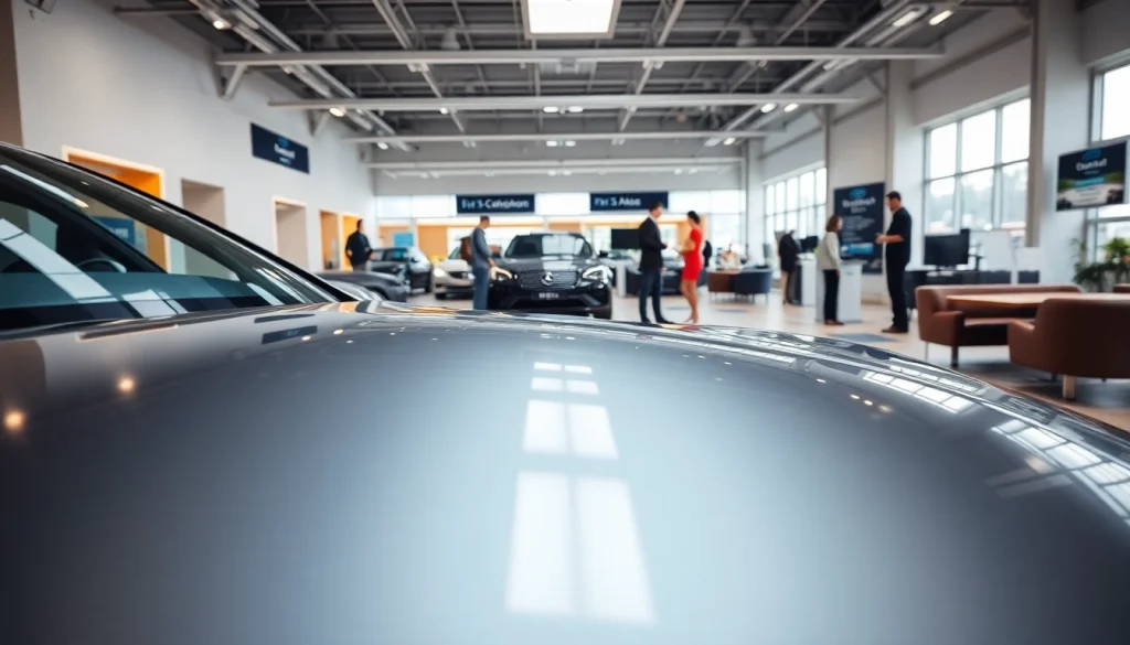 Buy a car in a modern dealership environment featuring a shiny vehicle and attentive staff.