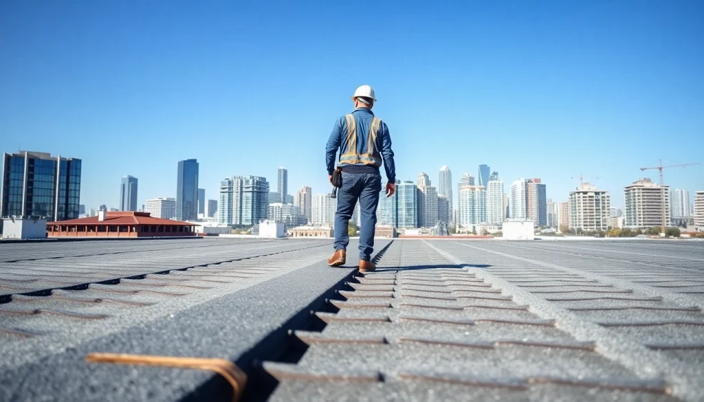 Showcasing expert in commercial roofing services conducting a rooftop inspection on a building.