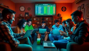 Engaged individuals discussing bets on best sportsbooks in Mexico in a vibrant living room setting