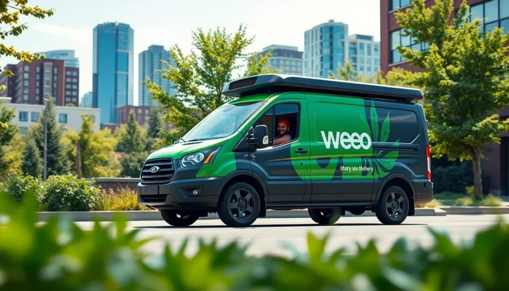 Experience swift weed delivery Halifax with a stylish delivery vehicle set against a vibrant urban backdrop.