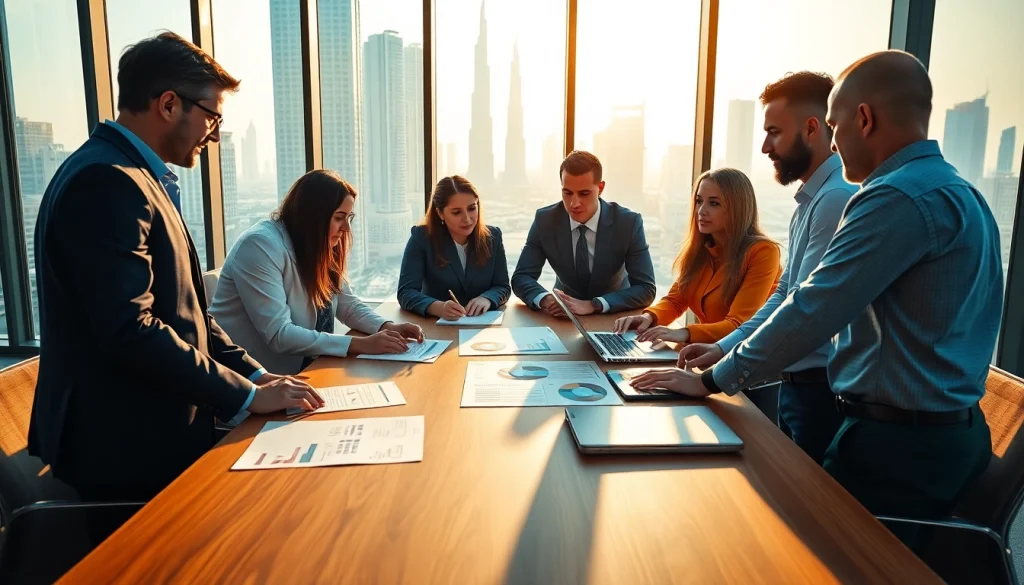 Engaged business consultants in Dubai's skyline, showcasing collaboration and professionalism.