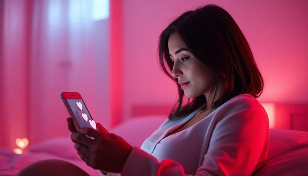 Sexting AI: Engaging chat experience with a friendly AI character on a sleek device in a romantic atmosphere.