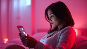 Sexting AI: Engaging chat experience with a friendly AI character on a sleek device in a romantic atmosphere.