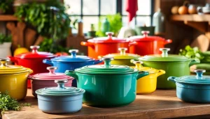 Discover where to buy Le Creuset in NZ with colorful cookware arranged in a cozy kitchen setting.
