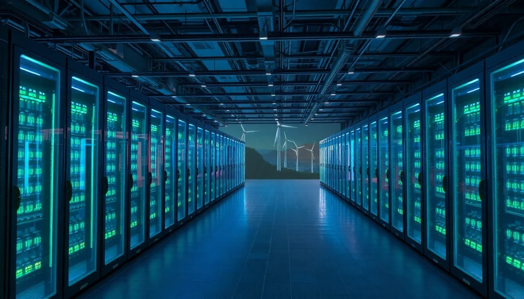 Futuristic crypto cloud mining farm powered by renewable energy, showcasing high-tech servers with wind turbines and solar panels.