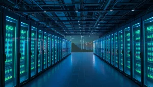 Futuristic crypto cloud mining farm powered by renewable energy, showcasing high-tech servers with wind turbines and solar panels.