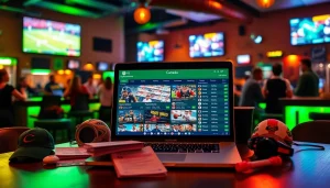 Engaging sports betting setup showcasing sportsbooks in Canada with vibrant sports paraphernalia.