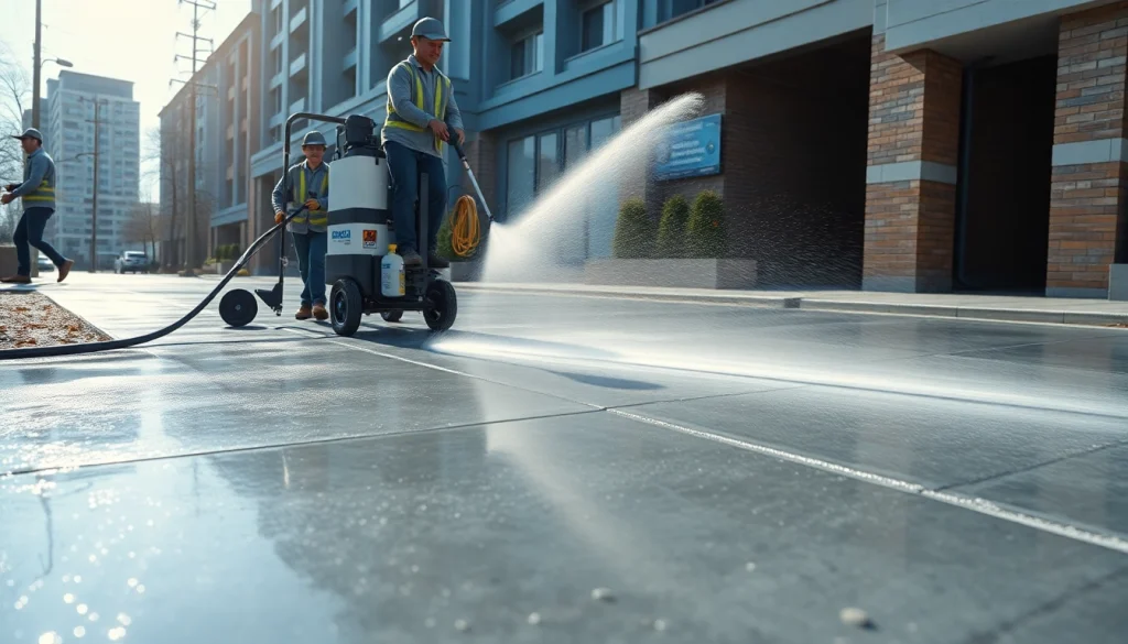 Concrete cleaning in action, showcasing professional services with high-pressure washing.