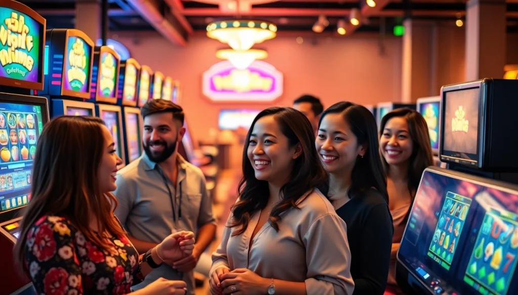 Situs kode4d offers a thrilling online gaming experience with diverse players enjoying vibrant slot machines.