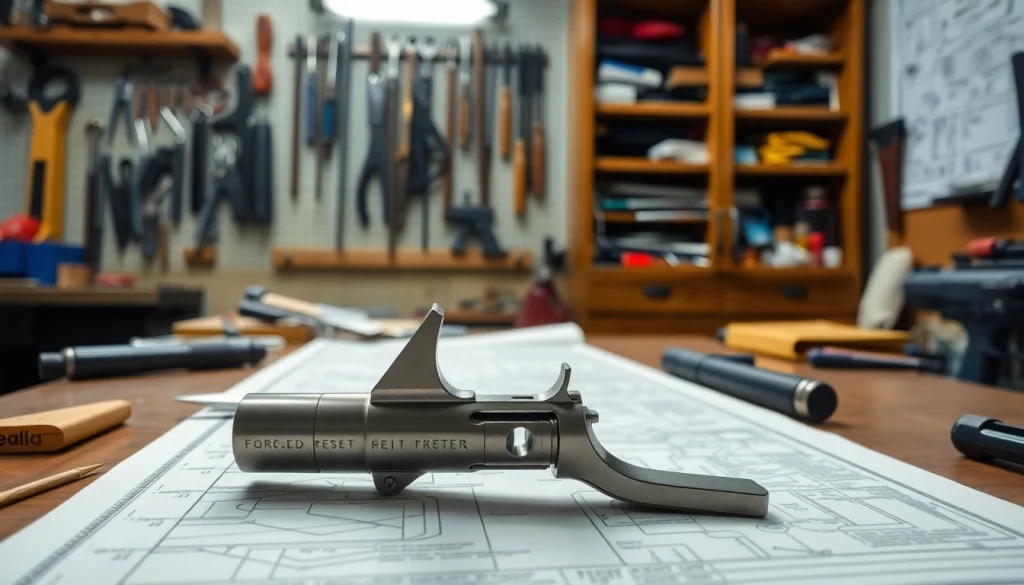 Showcase a detailed forced reset trigger in a professional gunsmith workshop environment.