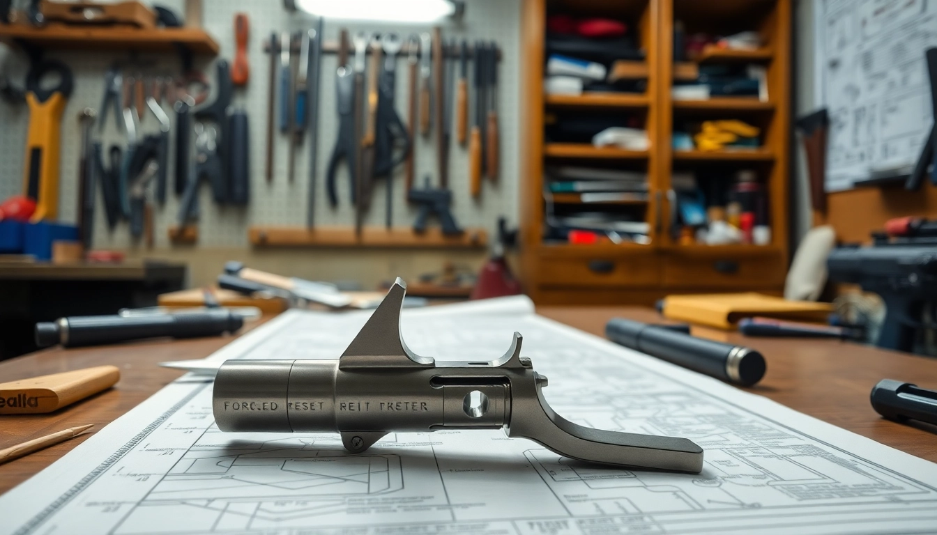 Showcase a detailed forced reset trigger in a professional gunsmith workshop environment.