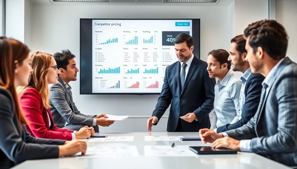 Visualize a team analyzing competitor pricing strategies in a collaborative office environment.