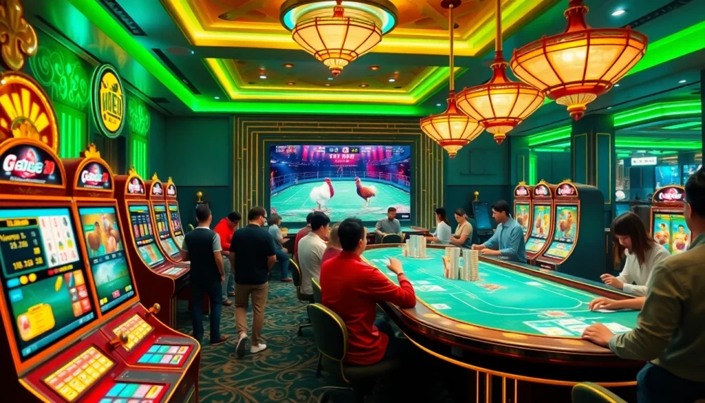 A vibrant casino scene with "gà 6789" matches showcased, reflecting excitement and luxury in online gambling.