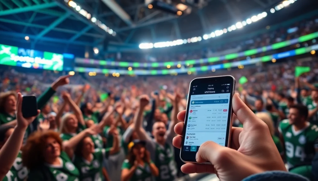 Engaging scene of sportsbooks in Texas with fans using apps in a vibrant stadium.