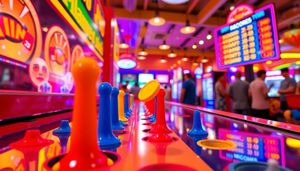 Mainkan plinko demo dengan chip berwarna yang jatuh melalui peg di lingkungan arcade yang ceria.