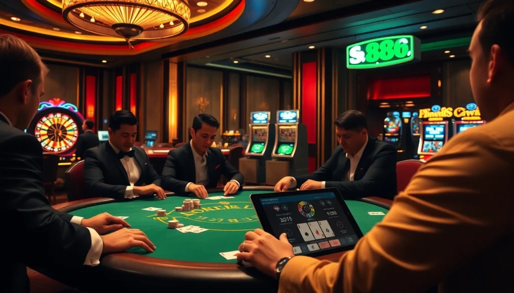 s88 nhà cái players engaged in a vibrant poker game at a luxurious casino table with chips and cards.