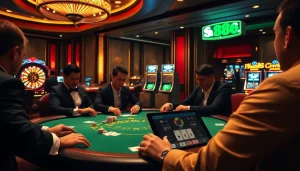 s88 nhà cái players engaged in a vibrant poker game at a luxurious casino table with chips and cards.