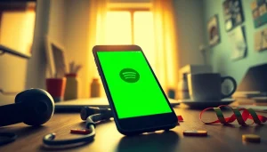 Experience spotify mod apk on a smartphone in a modern workspace, featuring stylish decor and vibrant app interface.
