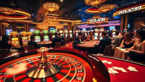 DOLA789 players enjoying vibrant casino action at roulette and poker tables, capturing the thrill of gambling.