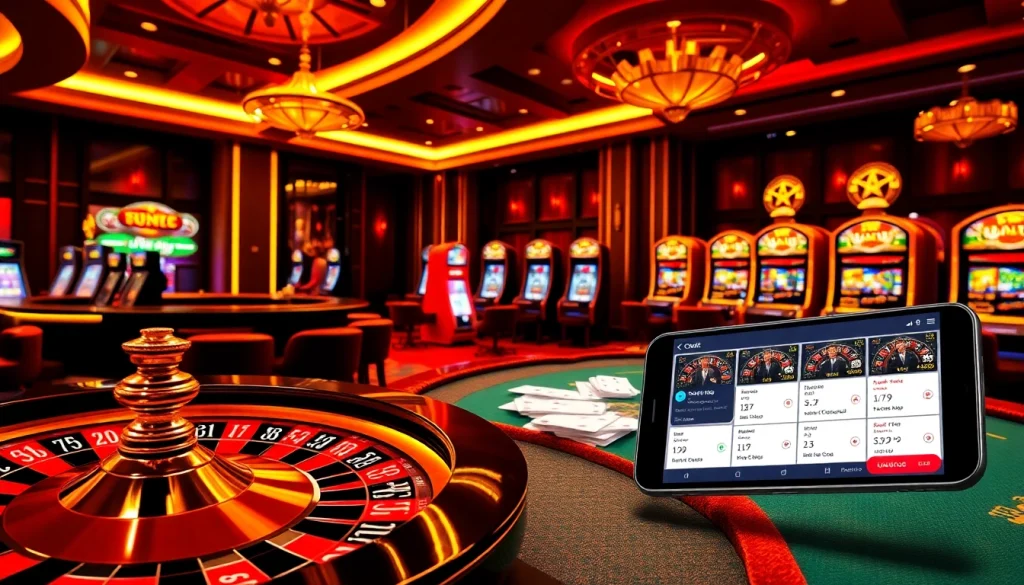 Engaging scene of trang cá cược vua99 showcasing roulette, poker, and slot machines in an upscale casino.