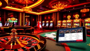 Engaging scene of trang cá cược vua99 showcasing roulette, poker, and slot machines in an upscale casino.