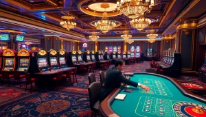 Exciting gaming action at SOIBET's luxurious casino featuring blackjack tables and vibrant slot machines.