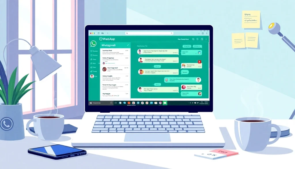 展示 WhatsApp Web 与快连VPN 实现无缝沟通的引人入胜工作场景。