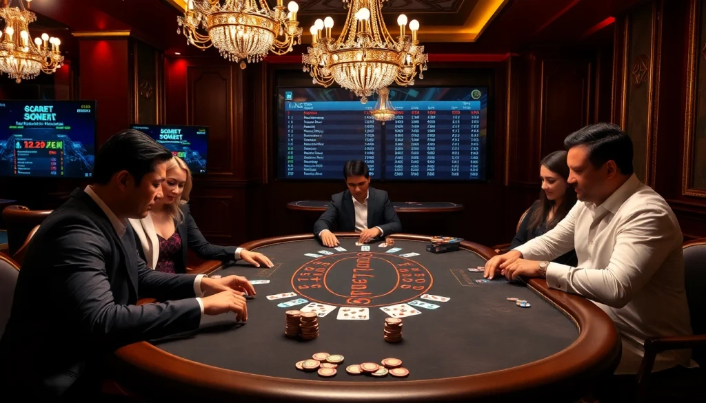 Sbobet betting action at a luxury casino, showcasing engaged players at a baccarat table.