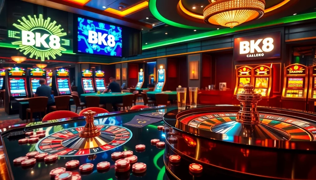 Experience BK8 เว็บตรง in a lively casino with poker tables and a roulette wheel.
