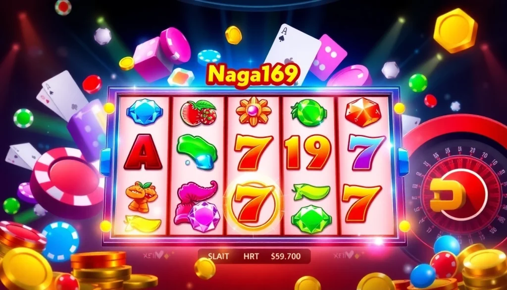 Naga169 RTP slot interface illuminated among poker chips and vibrant casino elements.