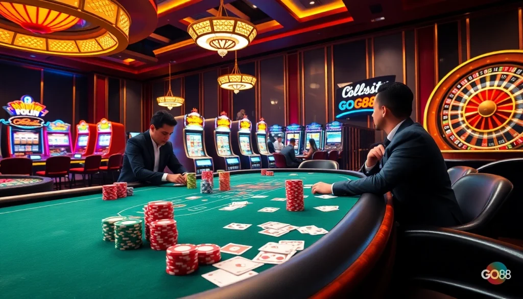 Engaging casino scene at GO88 showcasing poker, roulette, and vibrant slot machines.
