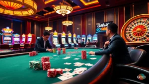 Engaging casino scene at GO88 showcasing poker, roulette, and vibrant slot machines.