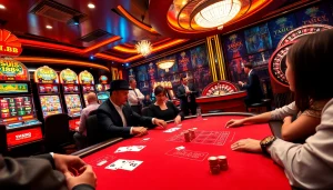 Experience the excitement of MM 88 with vibrant casino gaming, featuring poker, slots, and a roulette wheel.