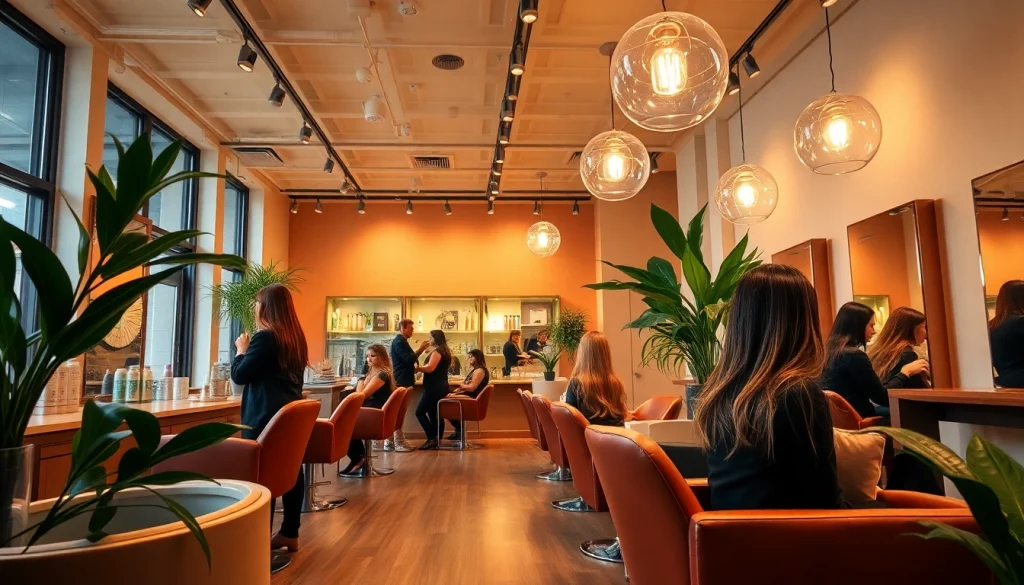Hair salon San Diego interior with stylists and clients, showcasing vibrant hair services.