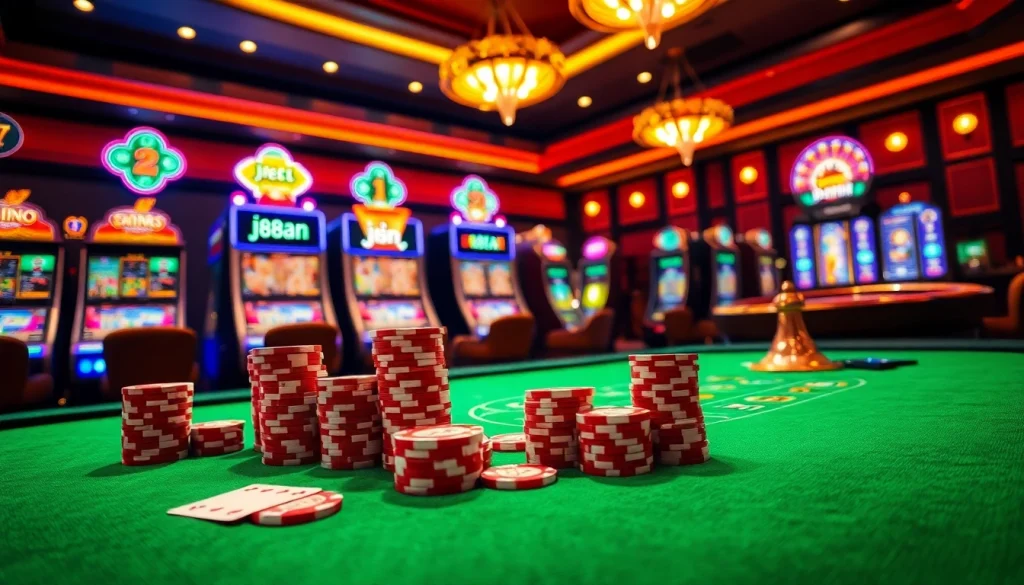 Experience thrilling gameplay at j88an.club with an inviting casino scene full of poker chips and colorful slot machines.