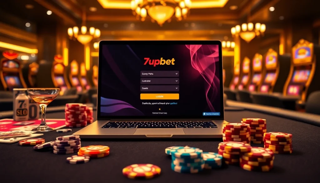 Engaging scene featuring the 7upbet login interface on a laptop with vibrant casino elements and poker chips.