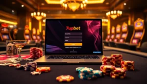 Engaging scene featuring the 7upbet login interface on a laptop with vibrant casino elements and poker chips.